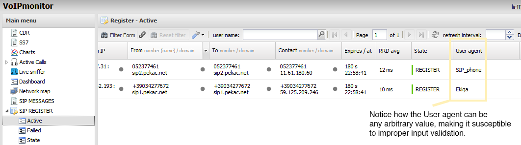 VoIPmonitor GUI SIP REGISTER view showing user-agent strings